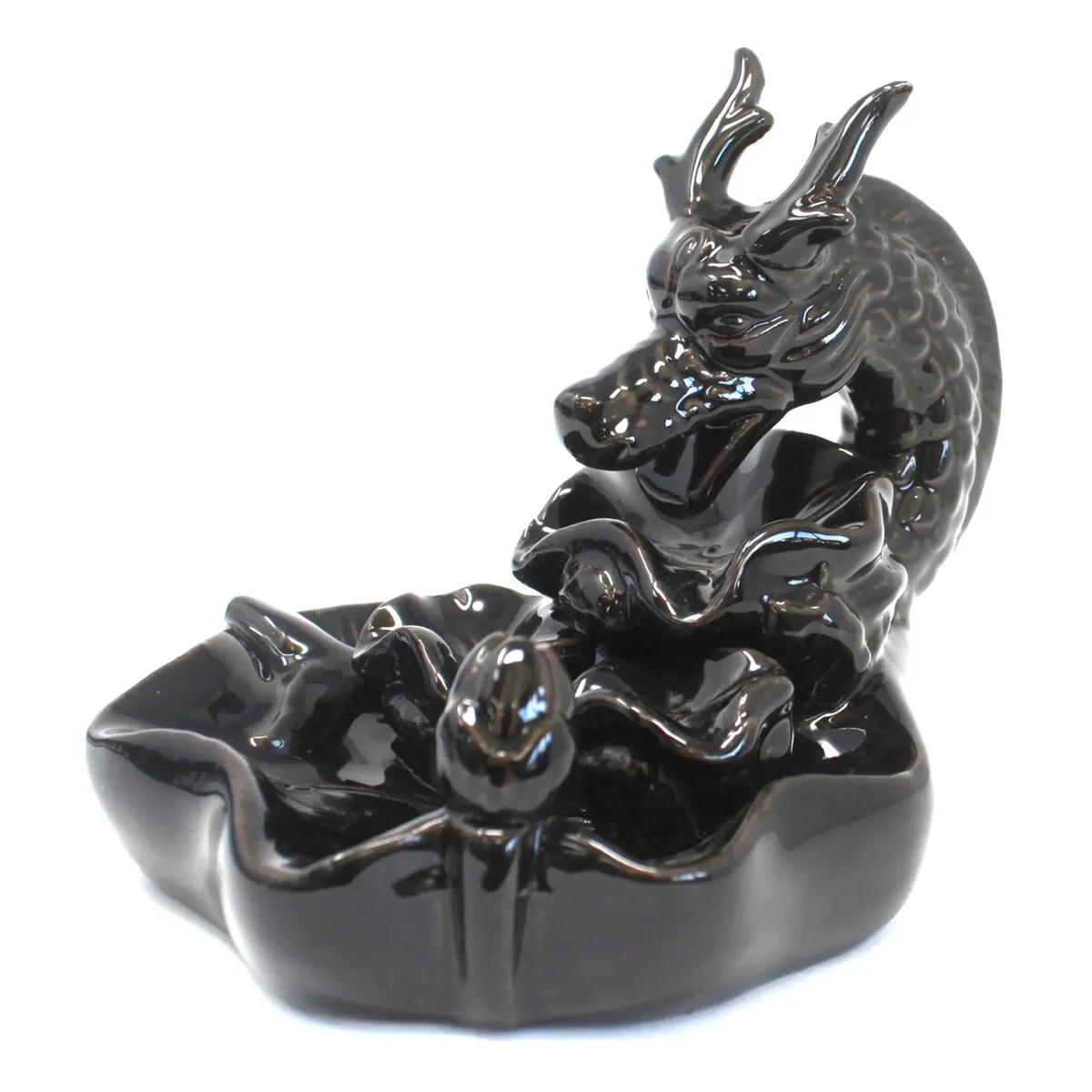 Large dragon incense burner with a detailed dragon design and a pool base for backflow incense cones