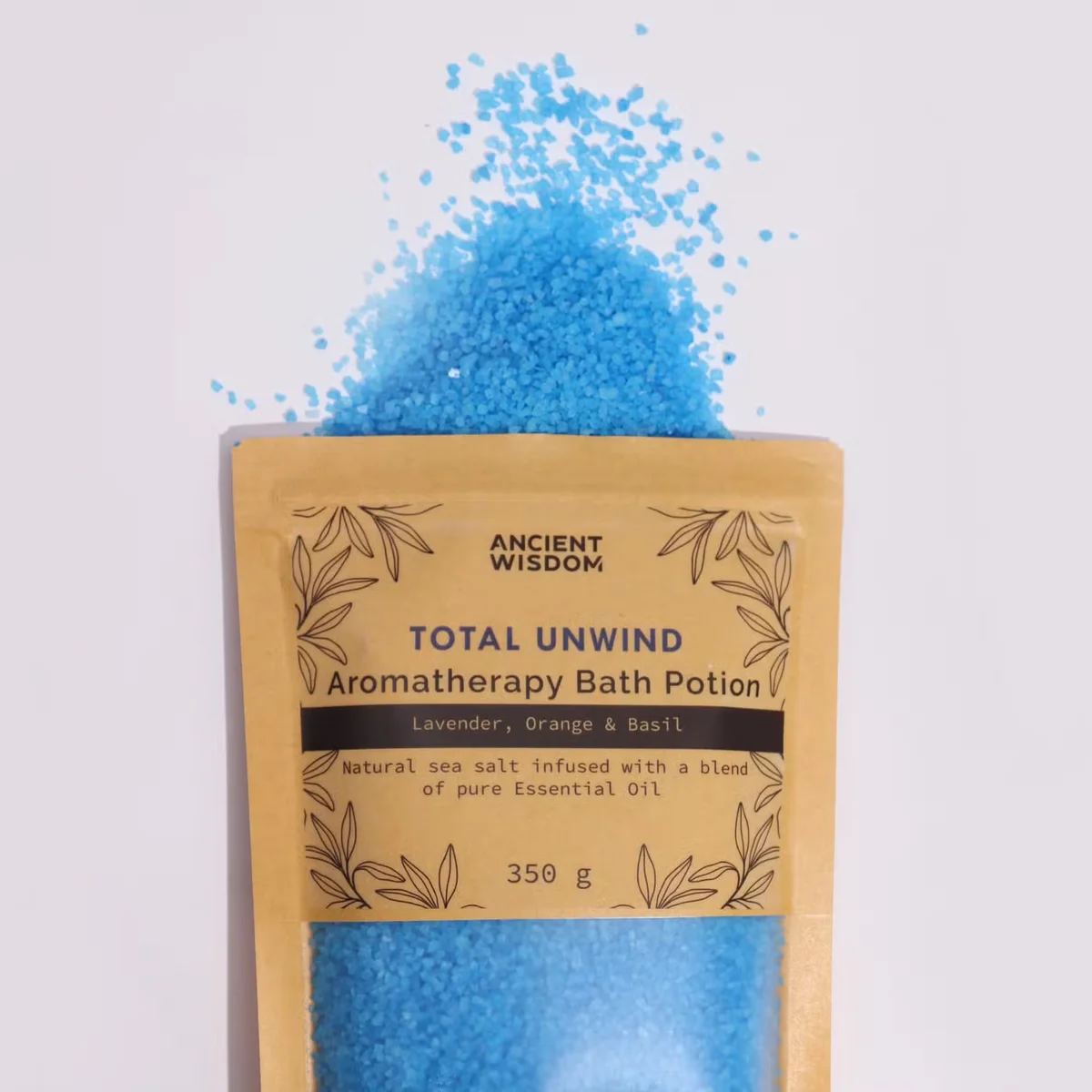 Kraft bag of 350g Total Unwind aromatherapy relaxing bath potion for a calming bath experience