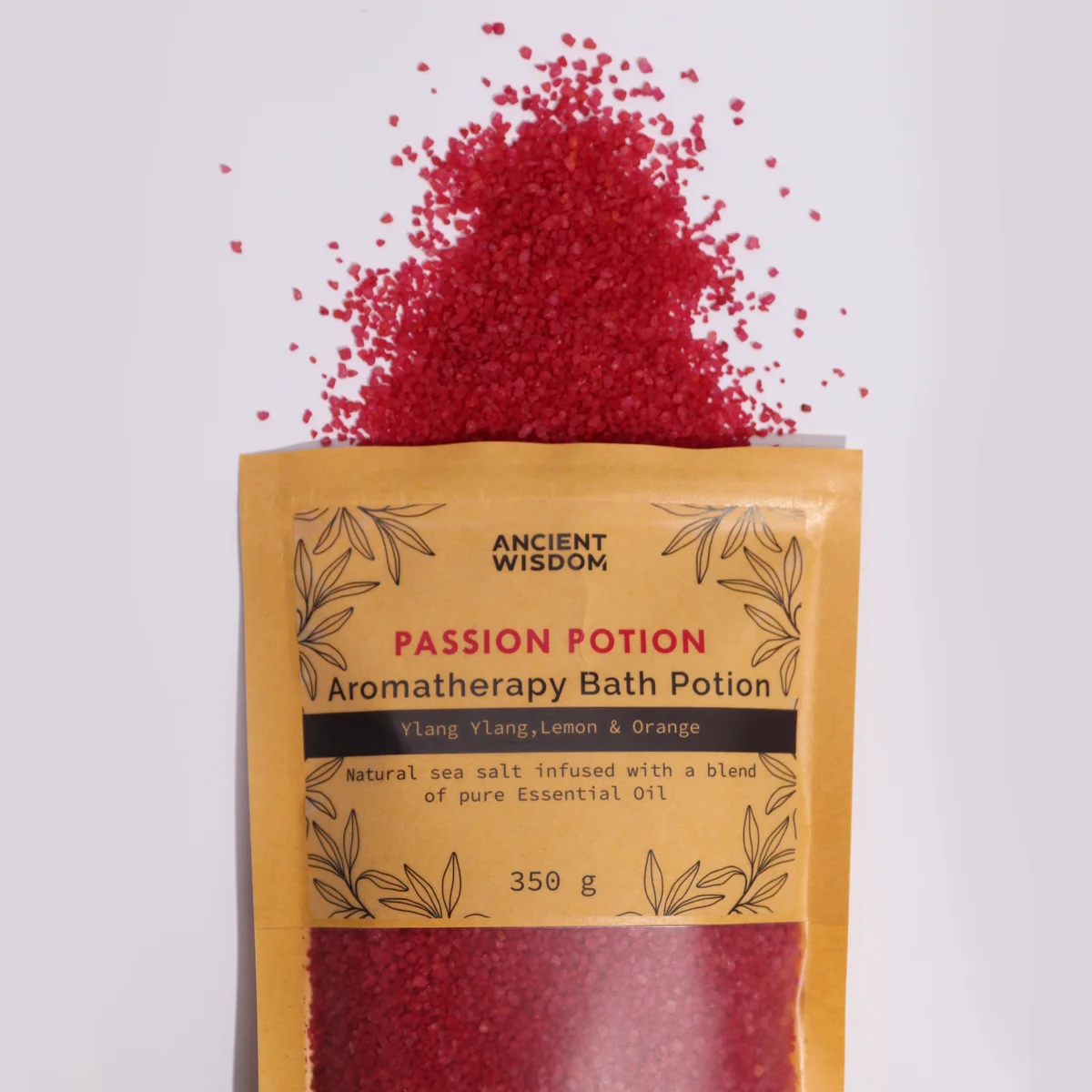 Kraft bag of Passion aromatherapy bath soak weighing 350g with natural, rustic packaging design