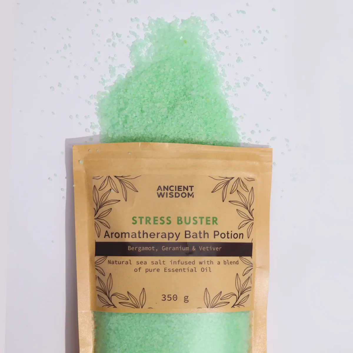 Kraft bag containing 350g Aromatherapy Bath Potion stress relief bath salts for relaxation and stress buster benefits