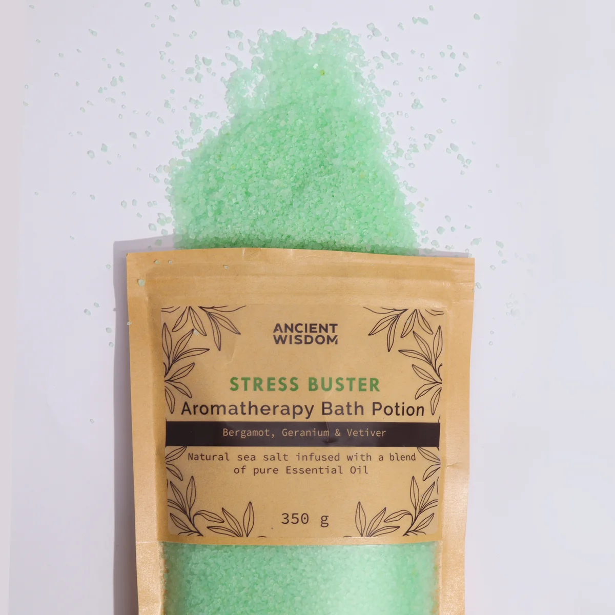Kraft bag containing 350g Aromatherapy Bath Potion Stress Buster with natural bath salts visible inside