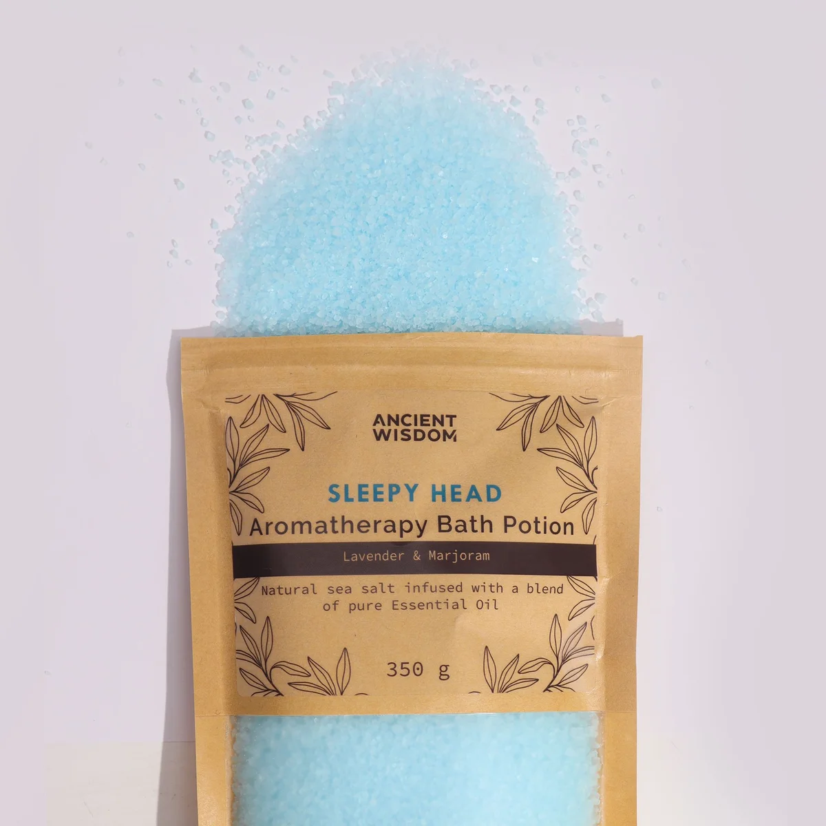 Aromatherapy bath potion in a 350g kraft bag labeled Sleepy Head for relaxing bath experience