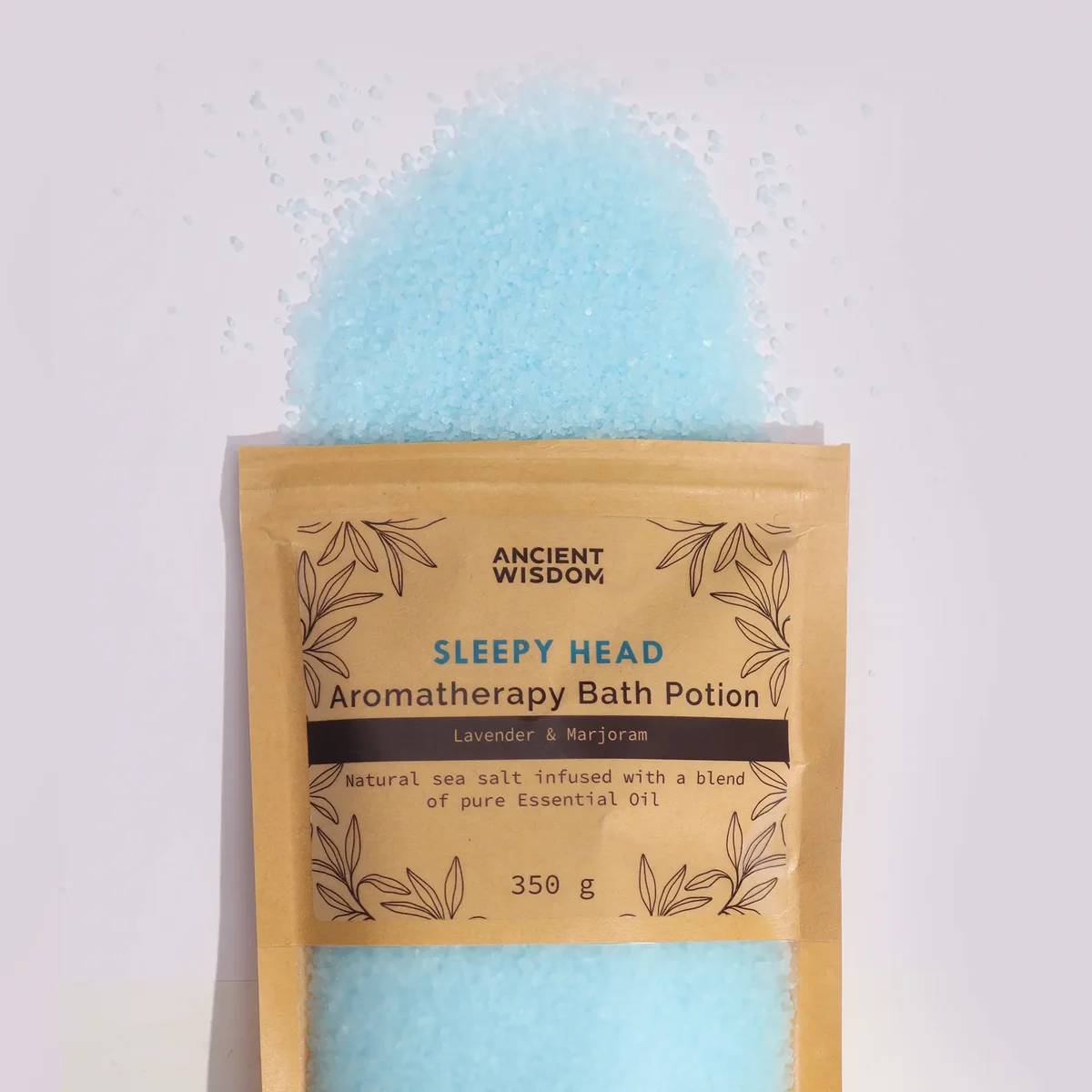 Kraft bag of Aromatherapy Sleepy Head bath potion 350g with calming natural ingredients displayed on white background