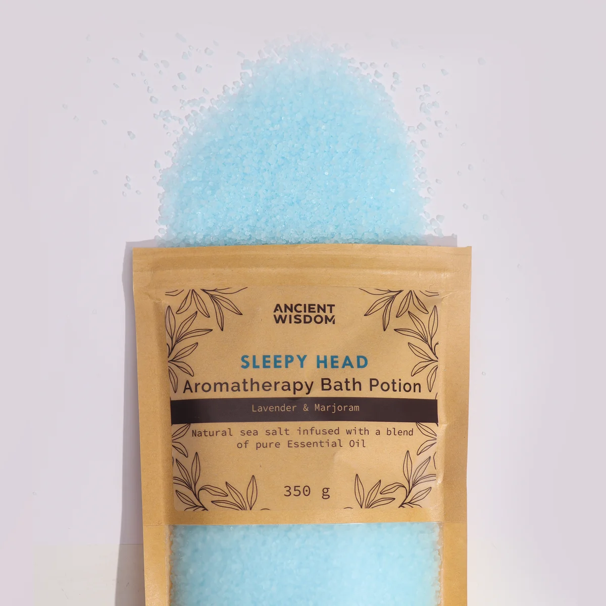 Kraft bag containing 350g of Sleepy Head bath potion with natural aromatherapy ingredients for relaxation