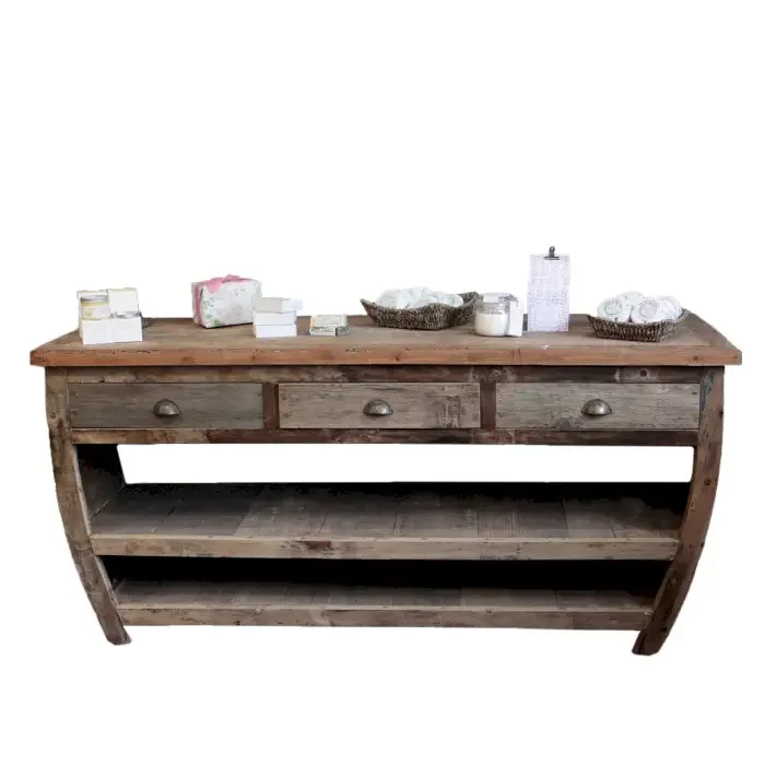 Centerpiece table made from recycled wood with a rectangular top, measuring 180x60x80cm, shown on a white background