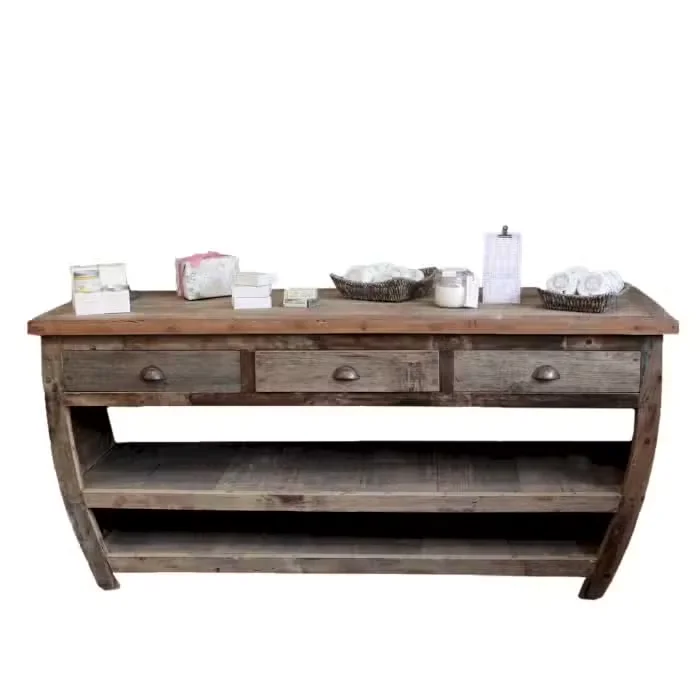 Centerpiece recycled wood table 180x60x80cm in natural finish, example of eco friendly furniture for dining or workspace