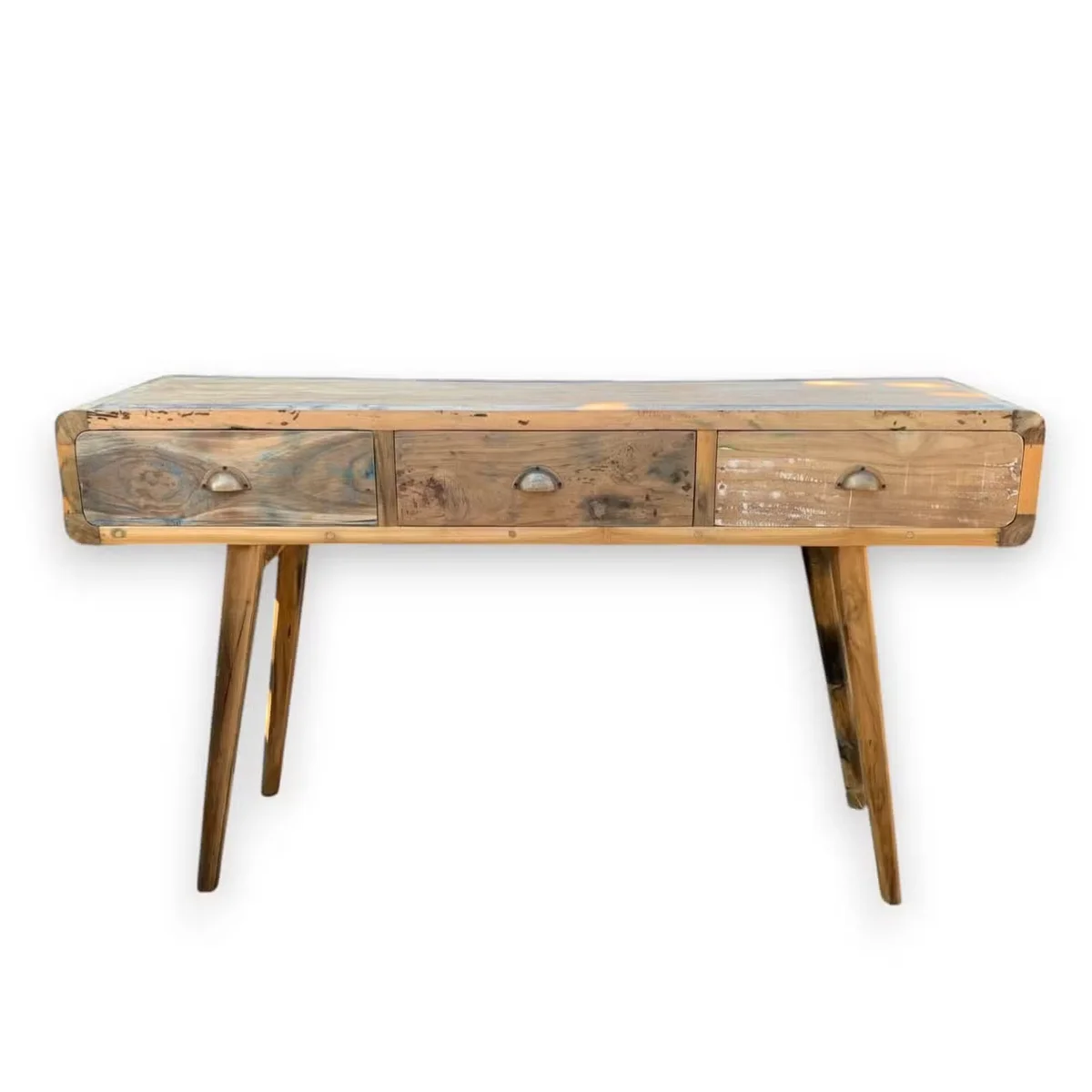 Wooden console table made from recycled wood, measuring 150x50x80cm, with a simple rectangular design