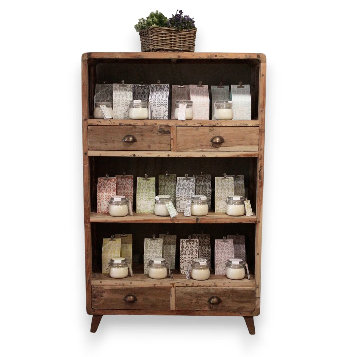 Tall eco friendly shelving unit made from recycled wood with multiple shelves, measuring 100x40x160cm