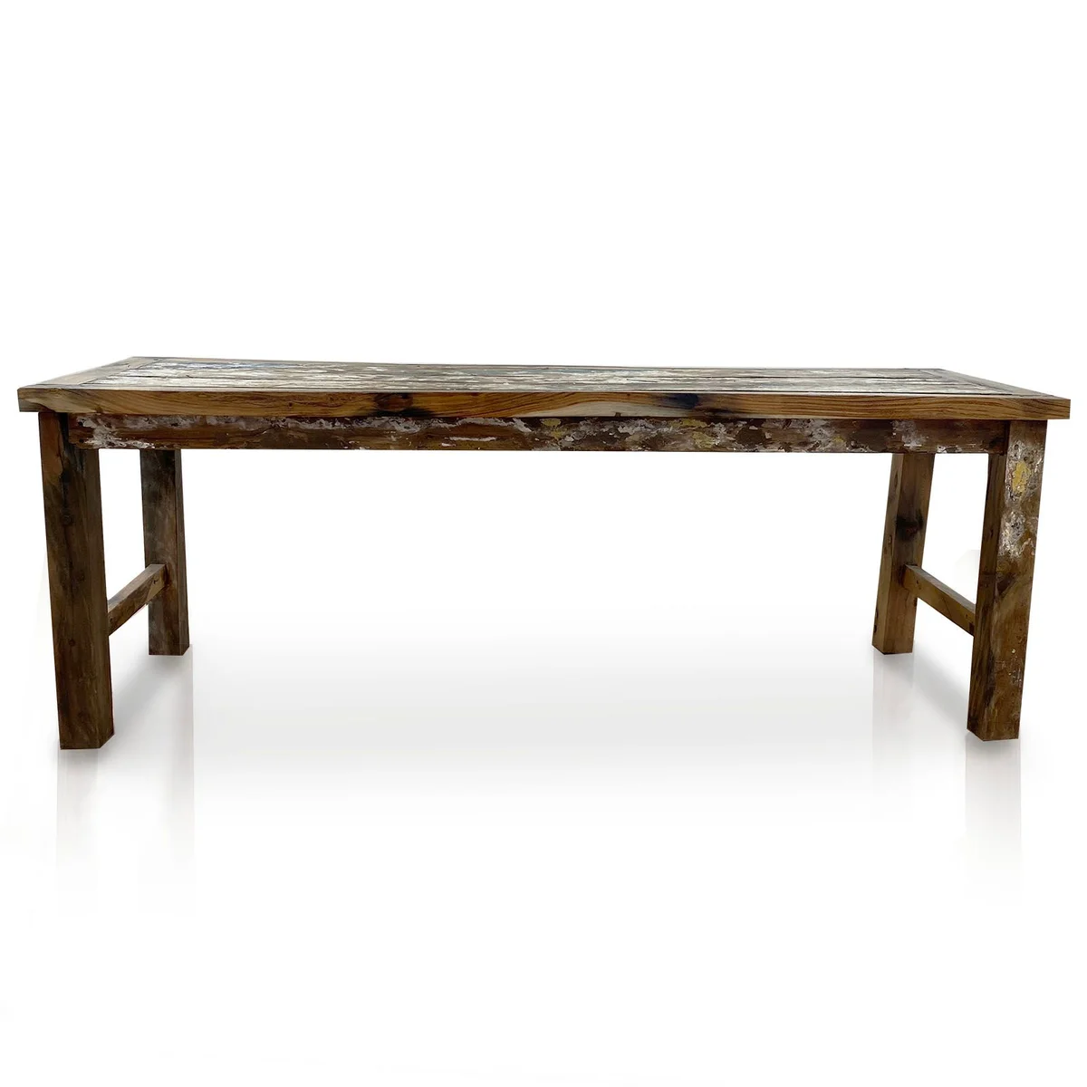 Recycled teakwood dining table 1.8 meters long with natural wood grain finish and sturdy legs on a white background