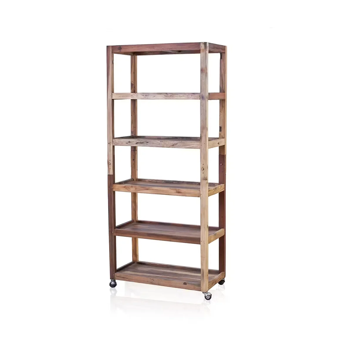 Six shelf display on casters made from recycled wood storage shelf with open shelving design