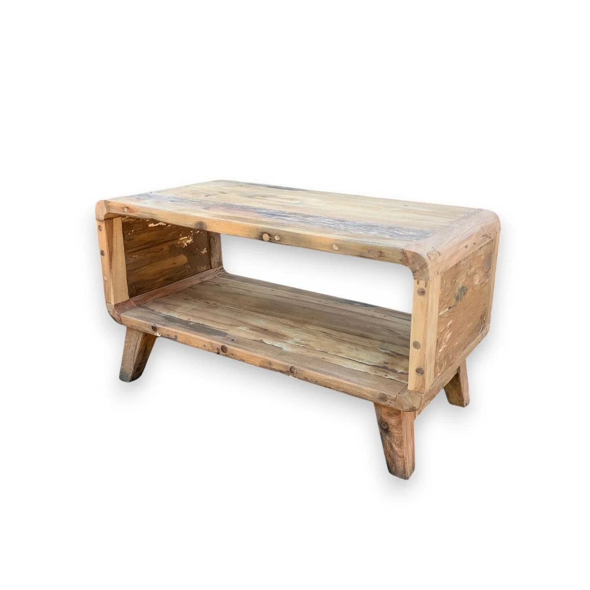 Small rounded coffee table made from recycled wood with smooth edges and natural finish on a white background