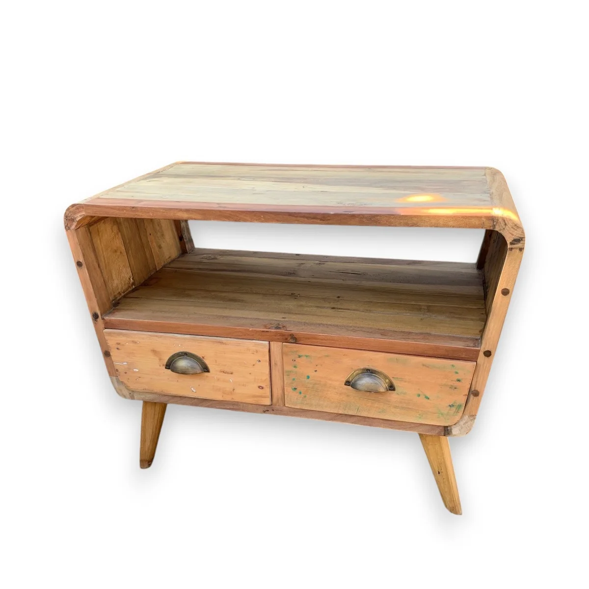 Small round TV stand made from recycled wood with two drawers, ideal for compact spaces and eco-friendly decor