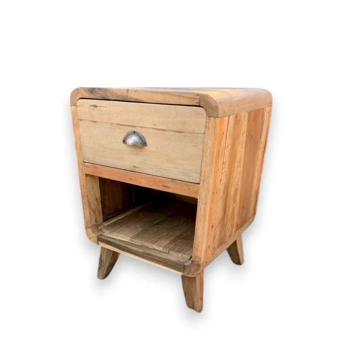 Round bedside table with one drawer made from recycled wood bedside table recycled wood design