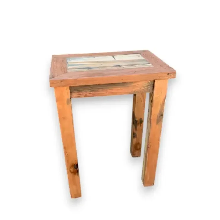 Tall recycled wood table display stand with natural wood grain finish on a plain white background