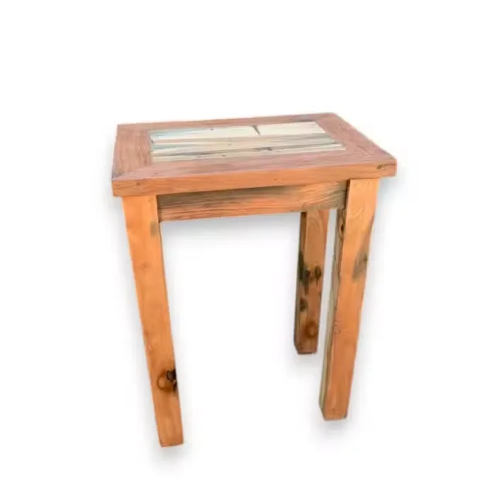 Tall eco friendly display table made from recycled wood, showing sturdy legs and natural wood grain finish