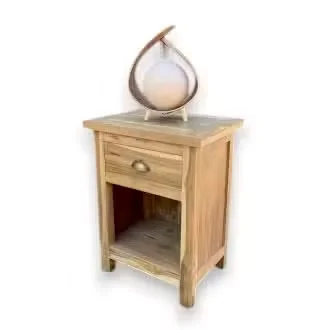 Classic wooden bedside cabinet made from recycled wood with a single drawer and open shelf below on a white background