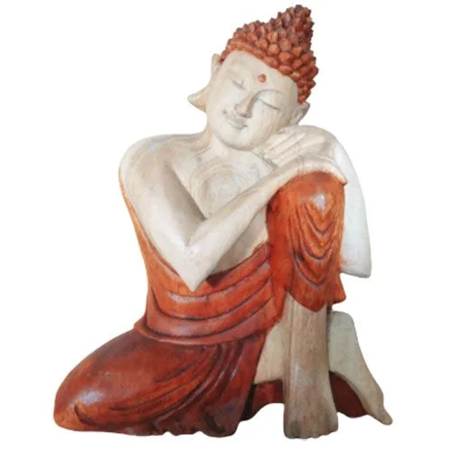 Hand carved Buddha statue 25cm tall in a thinking pose with detailed craftsmanship on a plain background