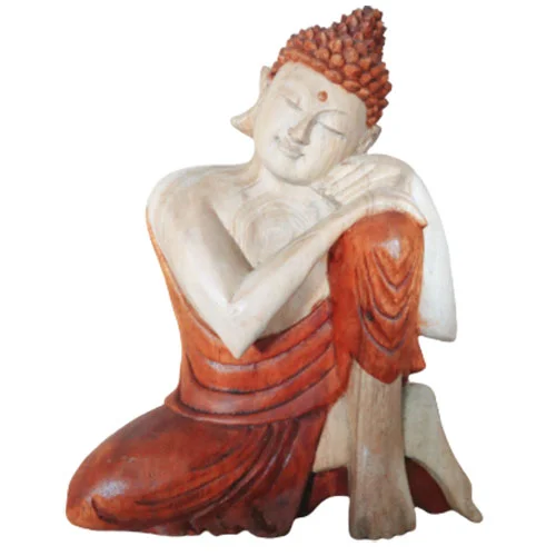 Hand carved 25cm thinking Buddha ornament in a serene meditative pose detailed on a wooden surface
