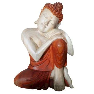 Hand carved Buddha statue 30cm tall in a thinking pose with detailed craftsmanship on a plain background