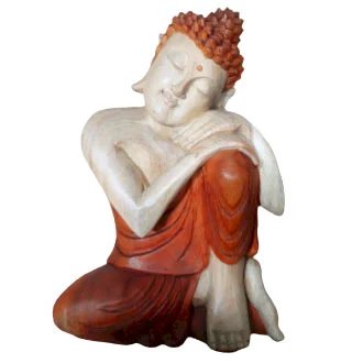 Hand carved 30cm thinking Buddha ornament showing detailed serene facial features and seated posture