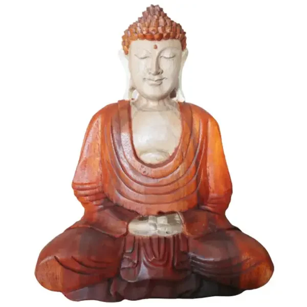 Hand carved Buddha statue 30cm with hand down pose, detailed craftsmanship, neutral background