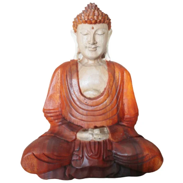 Hand carved figurine of a 30cm Buddha statue with hand down, detailed wooden craftsmanship on display