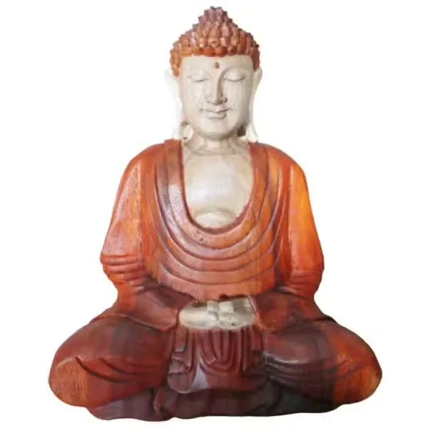 Hand carved 30cm Buddha ornament decor statue with hand down pose, detailed craftsmanship on a plain background