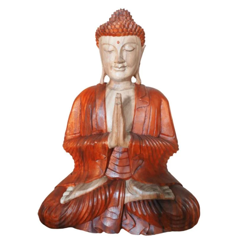 Hand carved Buddha statue 30cm tall with detailed features, welcoming pose, carved from wood or similar material