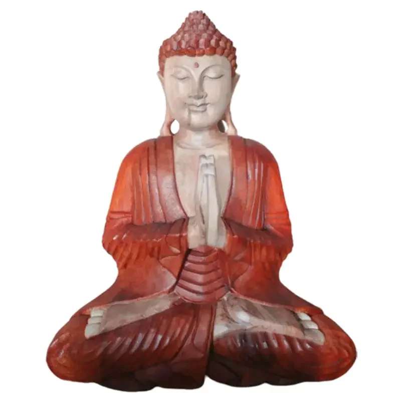 Hand carved Buddha statue 40cm in seated pose with welcome gesture, detailed craftsmanship on display