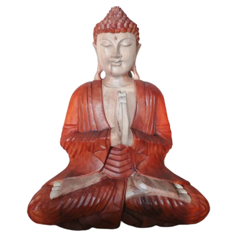 Hand carved 40cm decorative Buddha ornament with welcome inscription, detailed craftsmanship on wooden surface