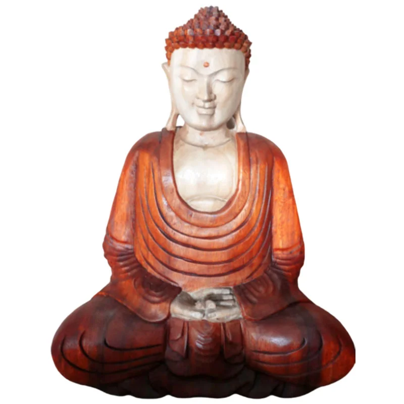 40cm hand carved ornament of Buddha statue with hand down pose, detailed craftsmanship in natural wood finish