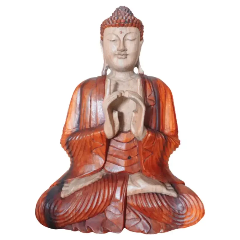 Hand carved 60cm Buddha statue with two hands in traditional meditation pose on a plain background