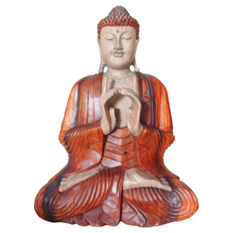 Hand carved 60cm Buddha figurine ornament showing Buddha with two hands in a meditative pose on a plain background