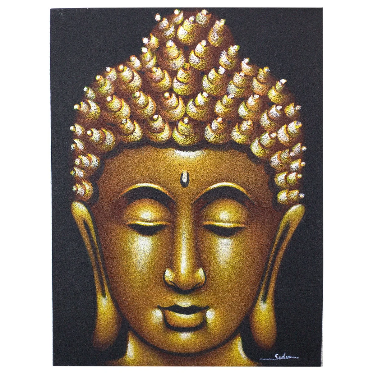Buddha painting gold sand finish with serene Buddha face and textured gold background on canvas wall art