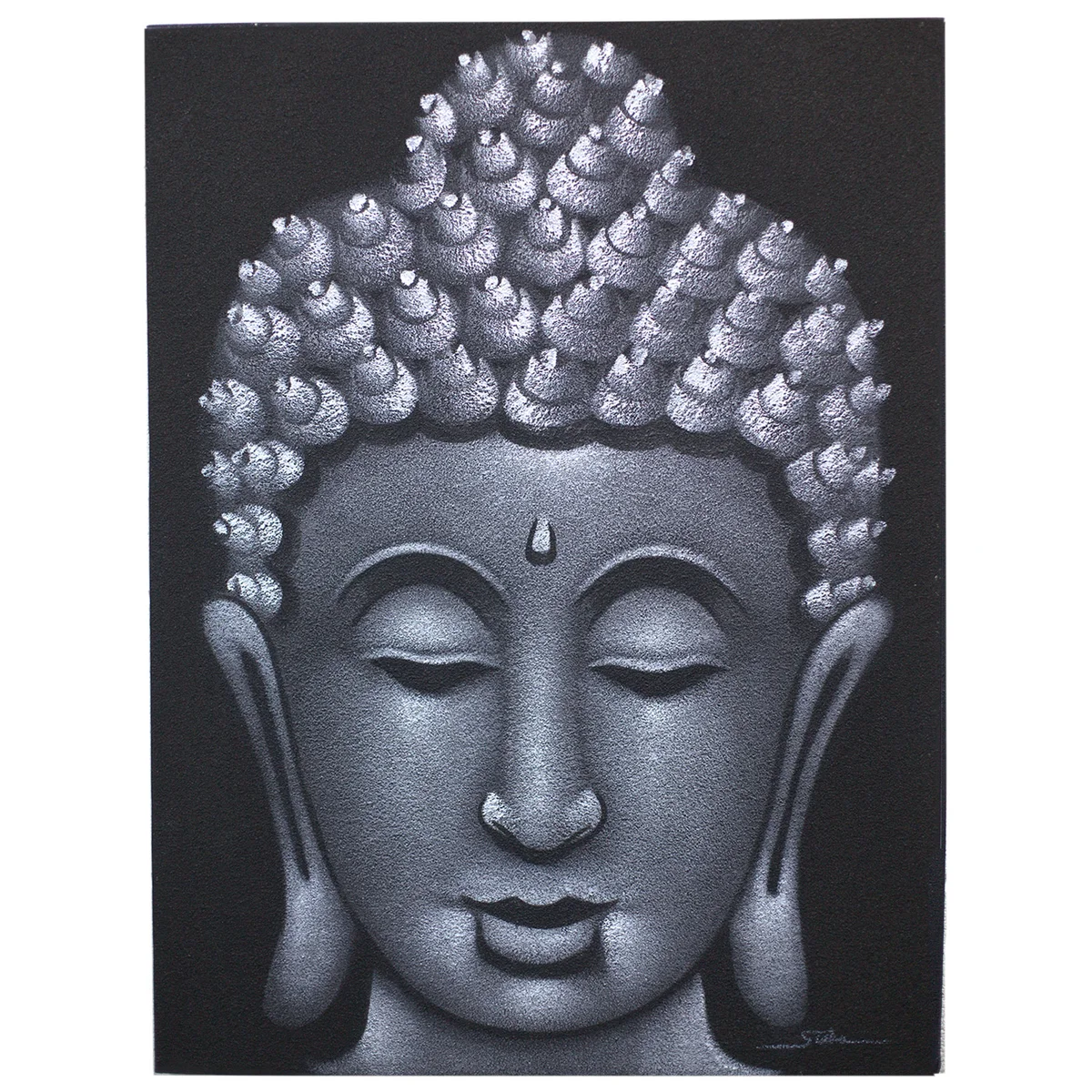 Grey sand finish Buddha wall art featuring a serene Buddha face painting with textured background