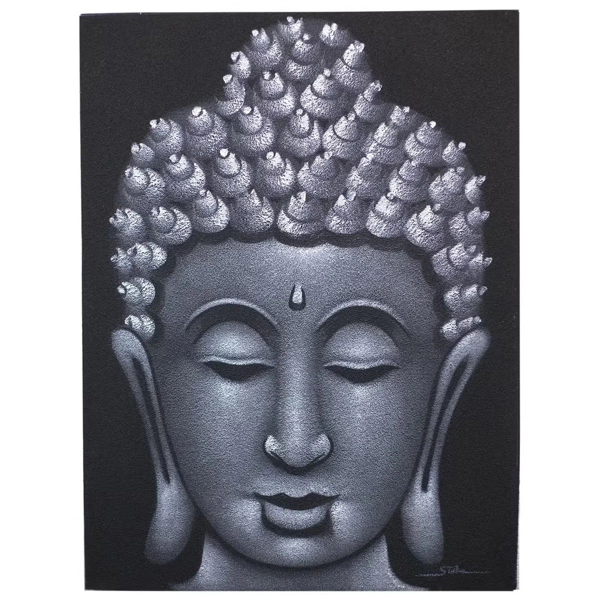Grey sand finish Buddha painting ideal for meditation room decor on a plain wall background
