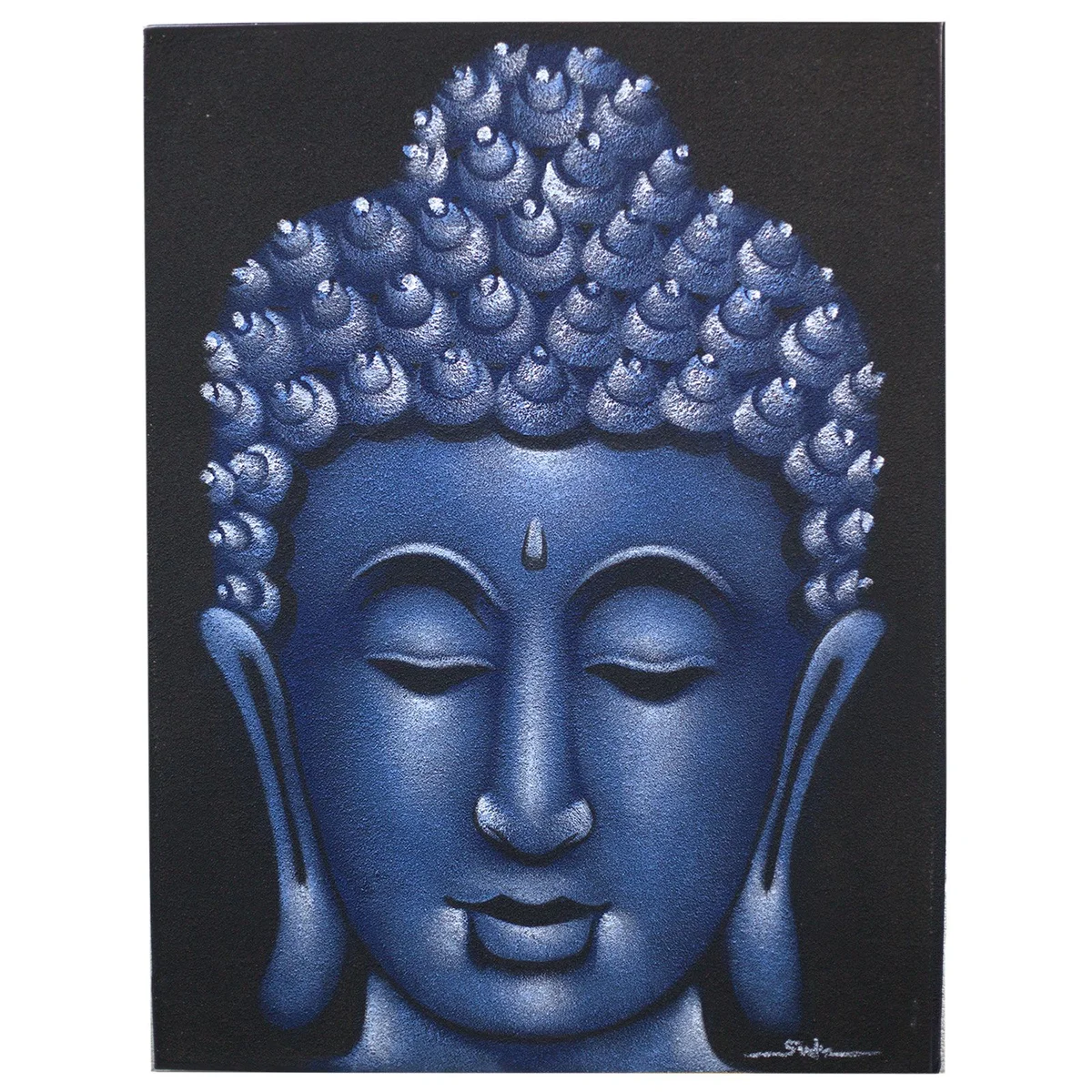 Buddha painting with blue sand finish showing serene Buddha face and calming blue textured background