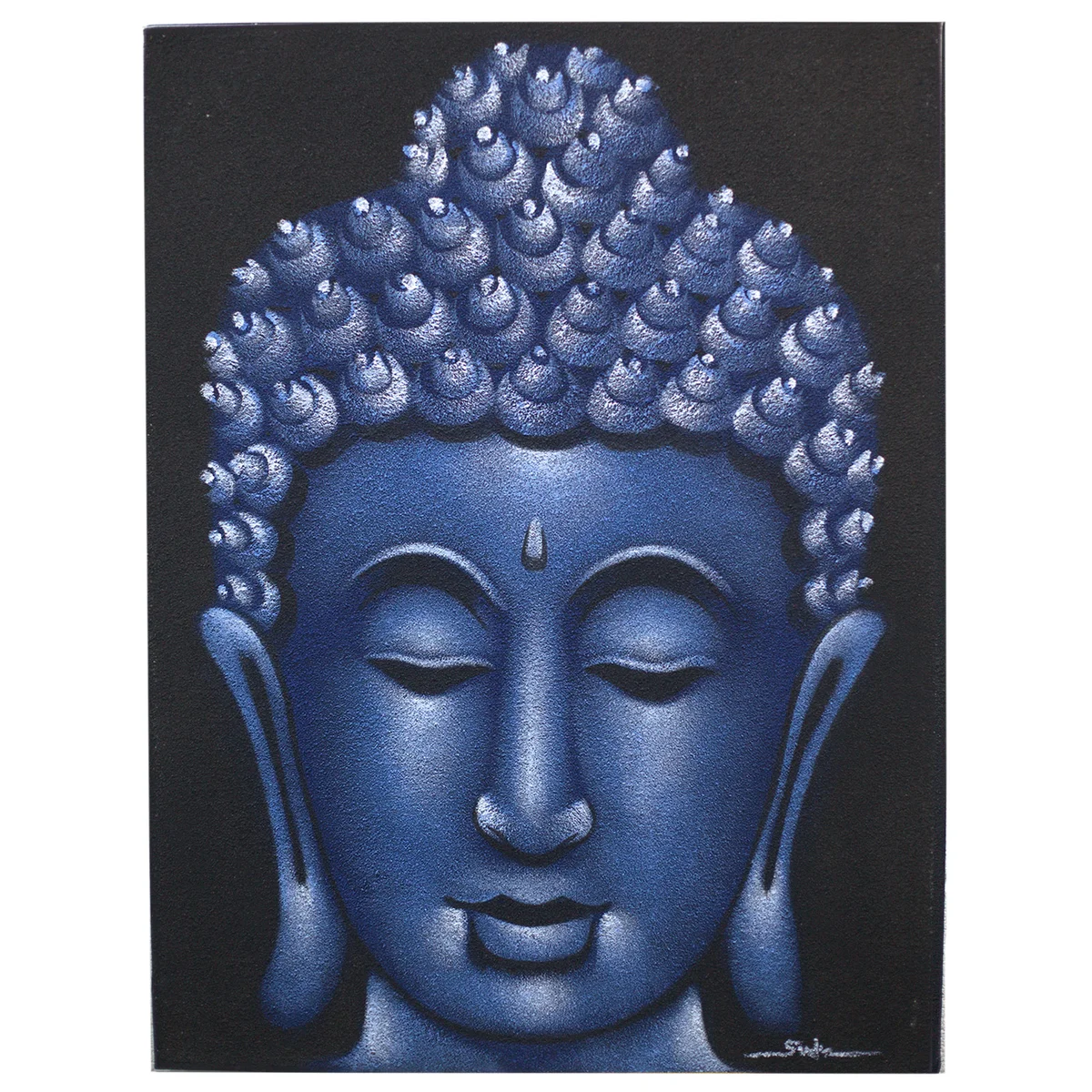 Buddha wall decor featuring a serene Buddha face with a textured blue sand finish background