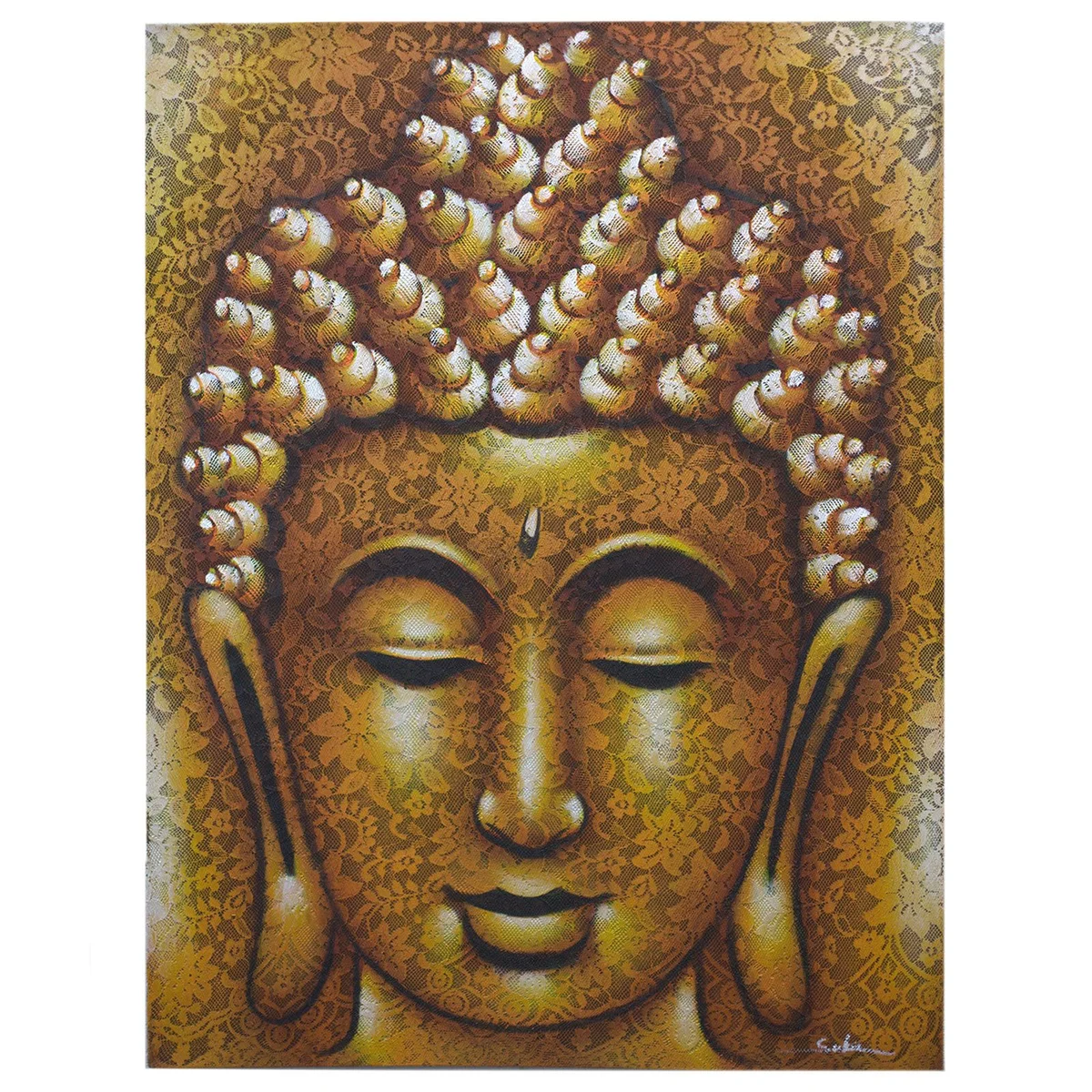 Buddha painting gold brocade detail featuring intricate gold fabric patterns around Buddha figure on canvas background