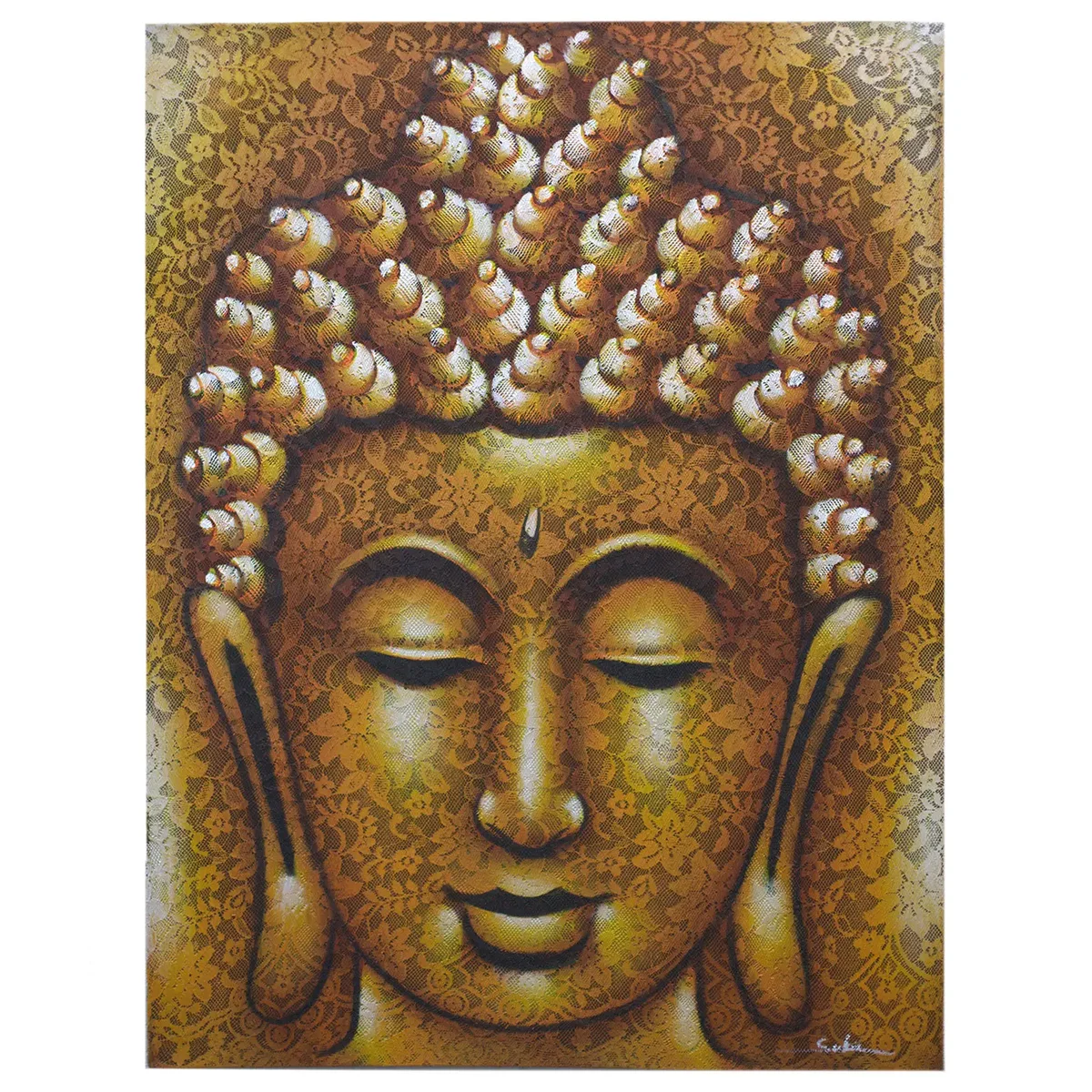 Buddha wall art featuring a detailed gold brocade design on a serene Buddha painting background