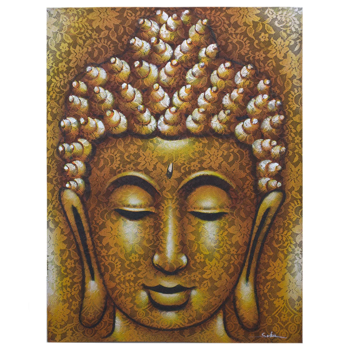 Buddha painting featuring intricate gold brocade detail on a serene background, highlighting spiritual art decor