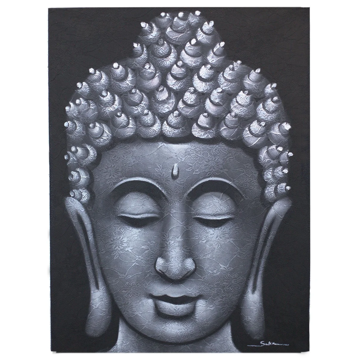 Buddha painting featuring grey brocade detail on a serene Buddha figure against a soft background