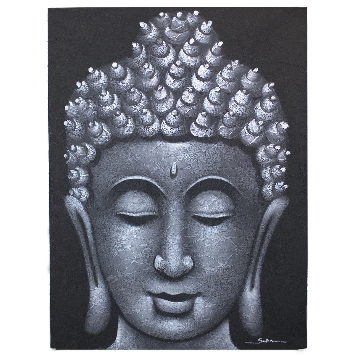 Grey brocade detail Buddha canvas print featuring serene Buddha face artwork on textured background