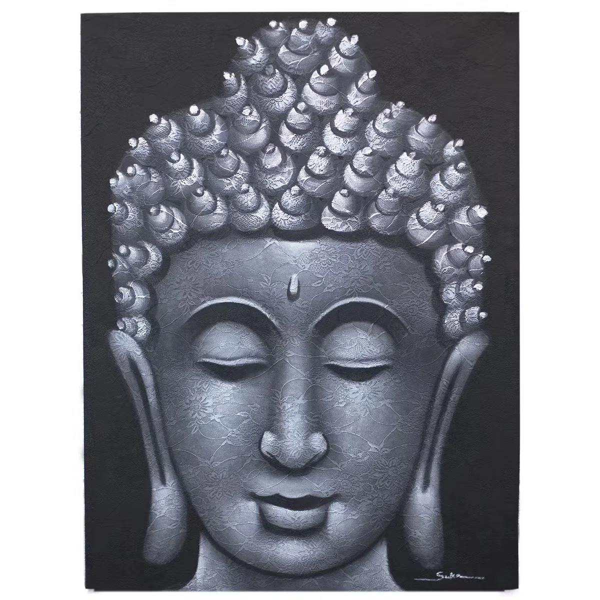Grey brocade detailed Buddha painting, perfect meditation room decor, serene and calming wall art design