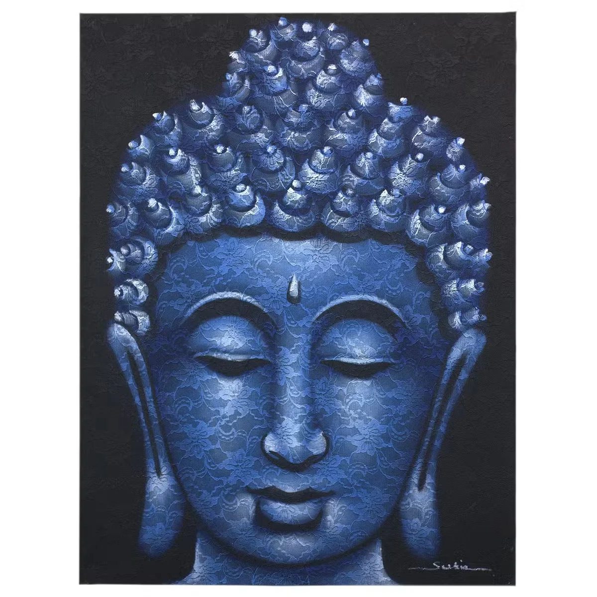 Blue Brocade detailed Buddha painting, spiritual wall decor with intricate patterns and serene expression