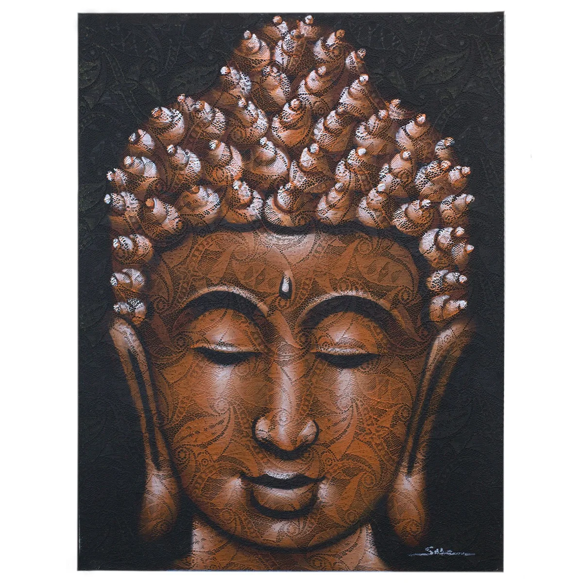 Buddha painting featuring intricate copper brocade detail on canvas with warm tones and textured design