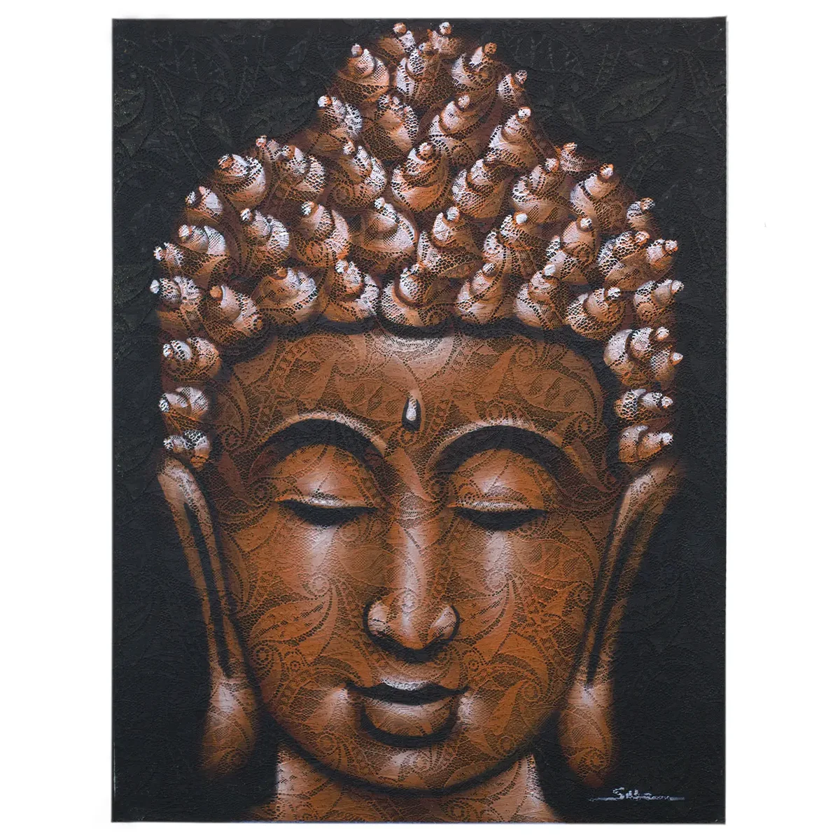 Buddha painting featuring intricate copper brocade art detailing on a serene background