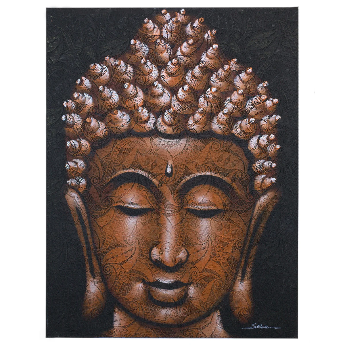 Buddha painting with intricate copper brocade detail, ideal spiritual wall decor for meditation spaces and homes