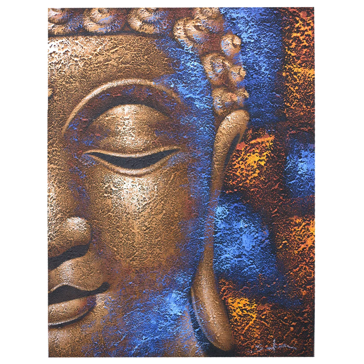 Buddha wall painting featuring a serene Buddha face with a copper finish on a decorative canvas background