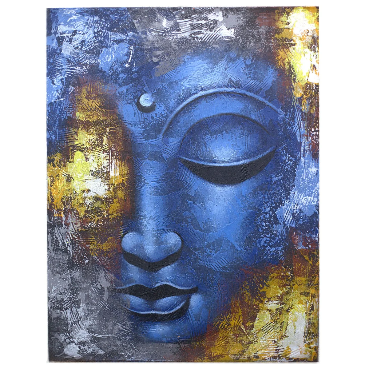 Abstract Buddha painting featuring a blue face with artistic brush strokes on a plain background